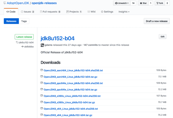 Screenshot of GitHub Releases with AdoptOpenJDK artifacts