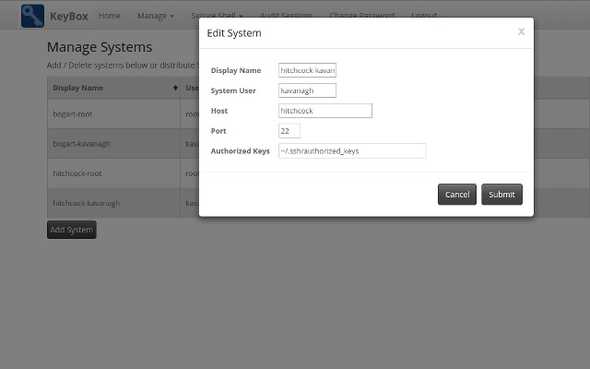 Screenshot of KeyBox that shows how to edit a system