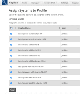 Screenshot of KeyBox that shows how to assign a system to profiles